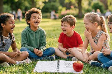 A group of children talking and laughing together
